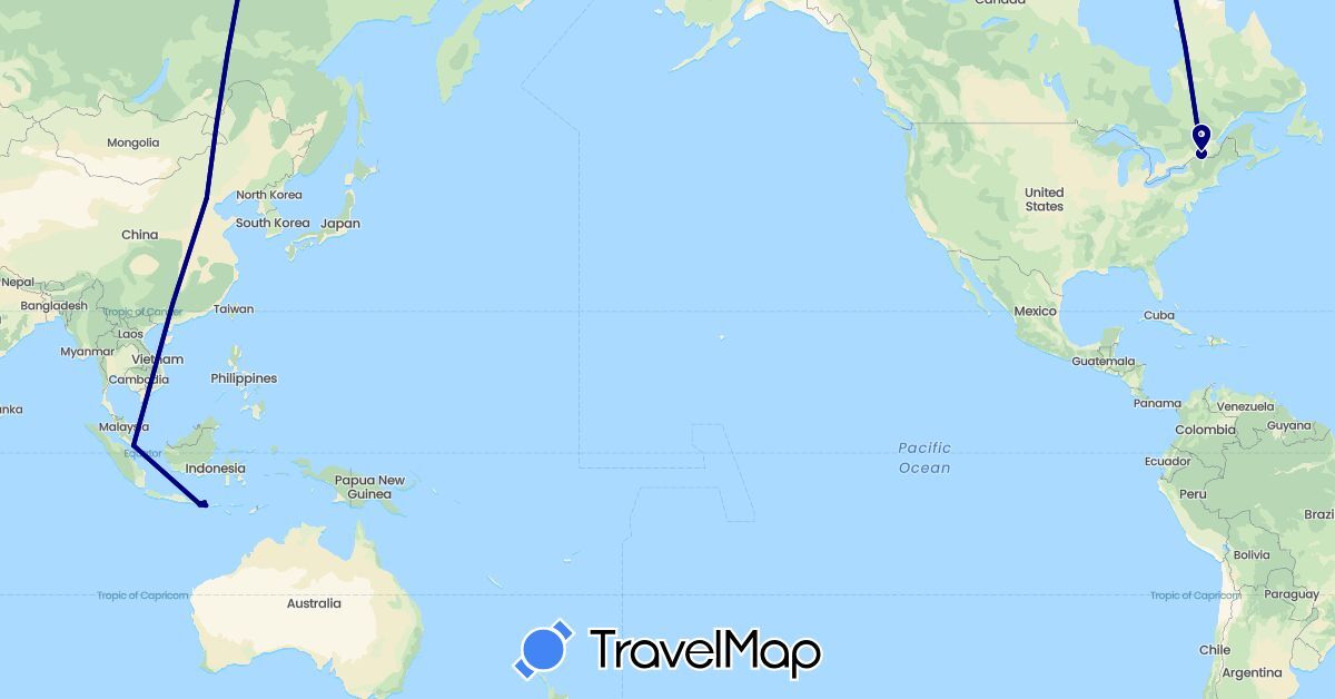 TravelMap itinerary: driving in Canada, China, Indonesia, Singapore (Asia, North America)